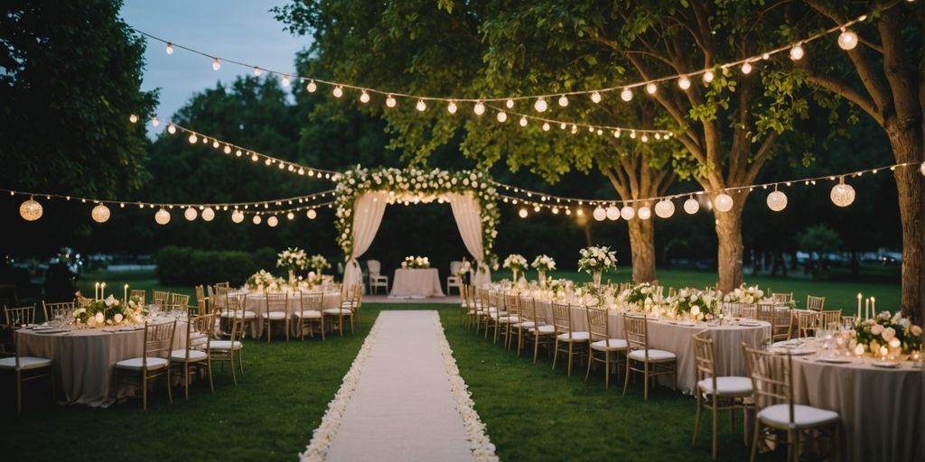 Beautiful garden wedding with flowers and lights at dusk.