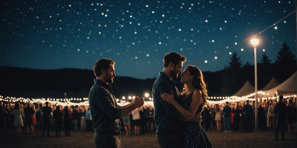 Newlyweds dance beneath twinkling stars and fairy lights.